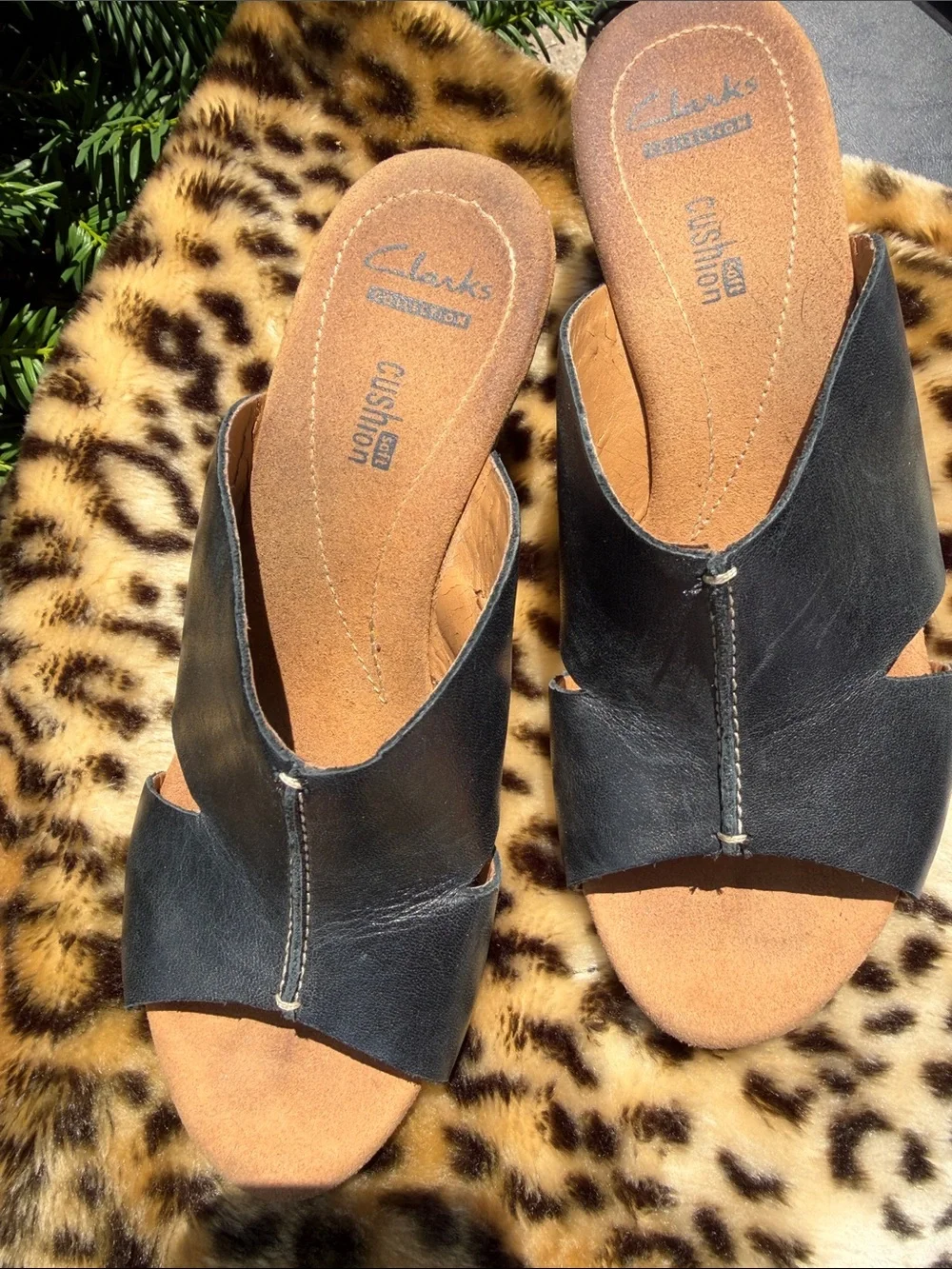 Clarks Black Cork Wedge Slide Sandals 7.5